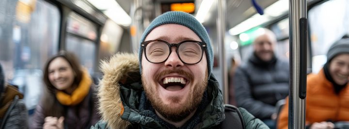 man smiling in a bus