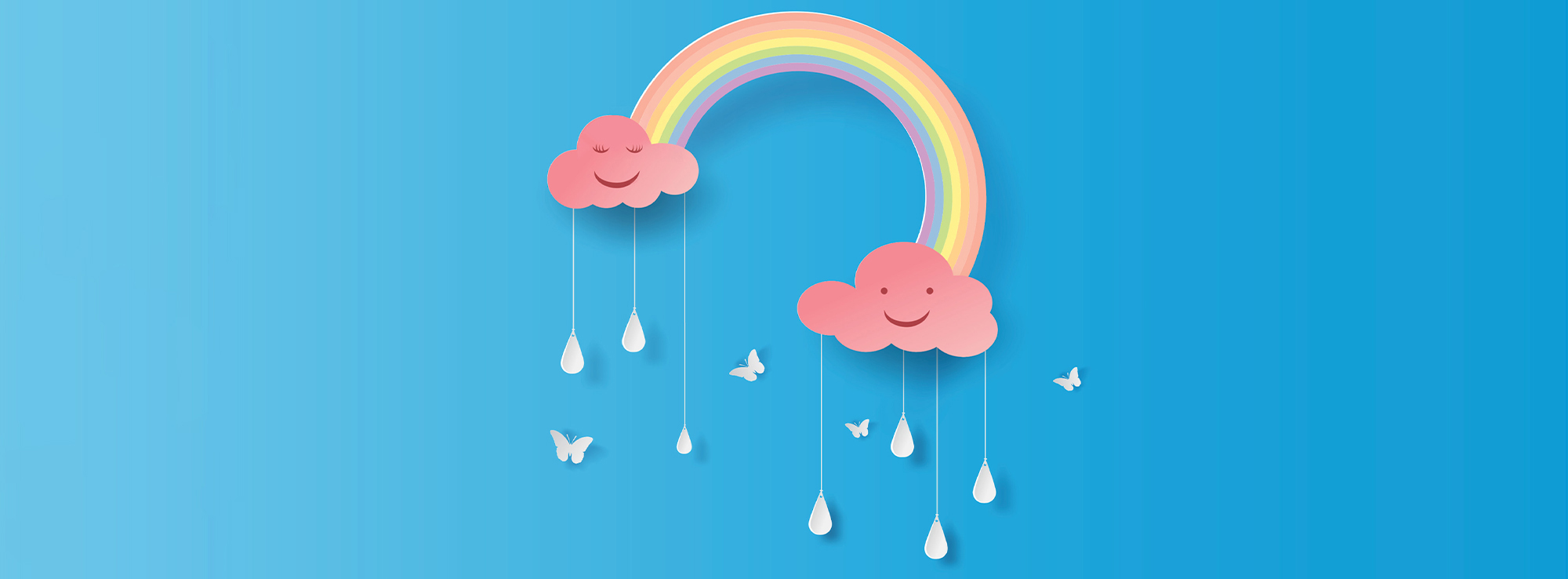 an illustration of a rainbow with smiling storm clouds on each end