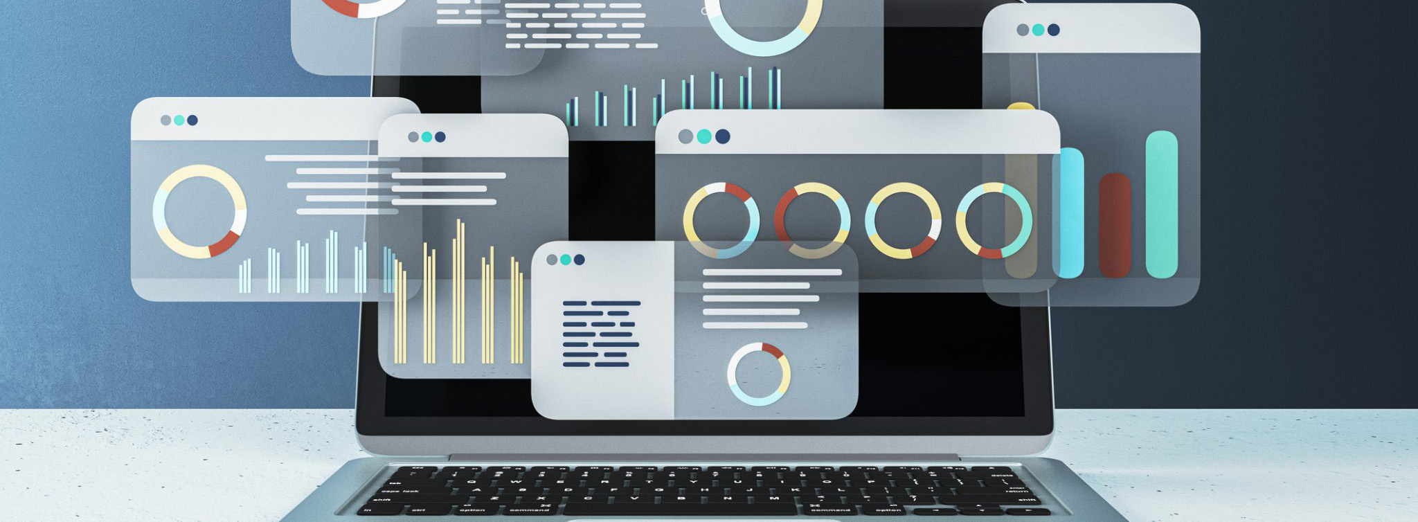 illustration of different graphs floating in front of a laptop